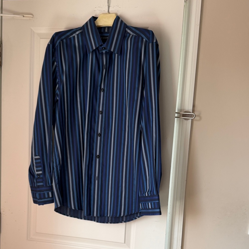 Men's Navy & Royal Blue Vertical Stripe Dress Shirt - Classic Collar